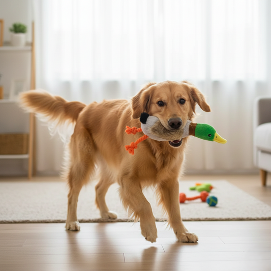 dog playing with plush duck squeaky dog toy
