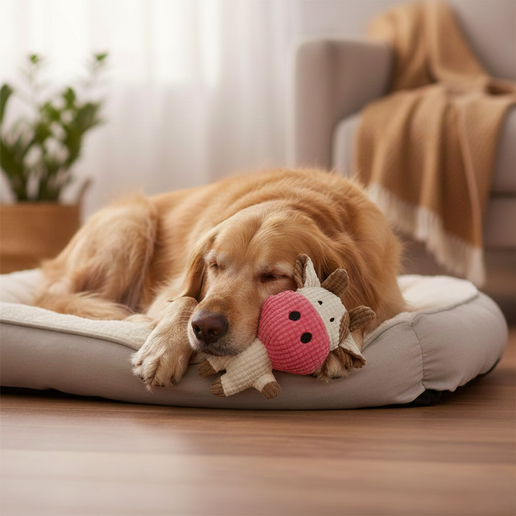 dog sleeping with cow plush dog toy