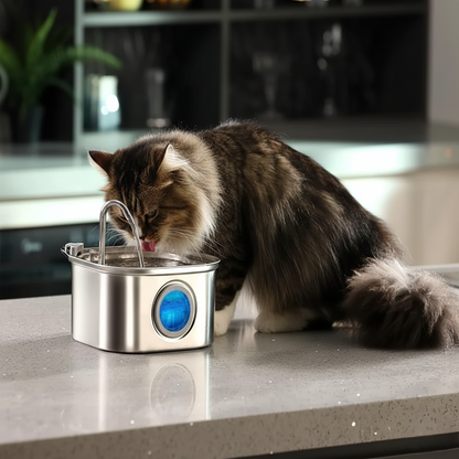 cat drinking from stainless steel pet water fountain with automatic smart flow