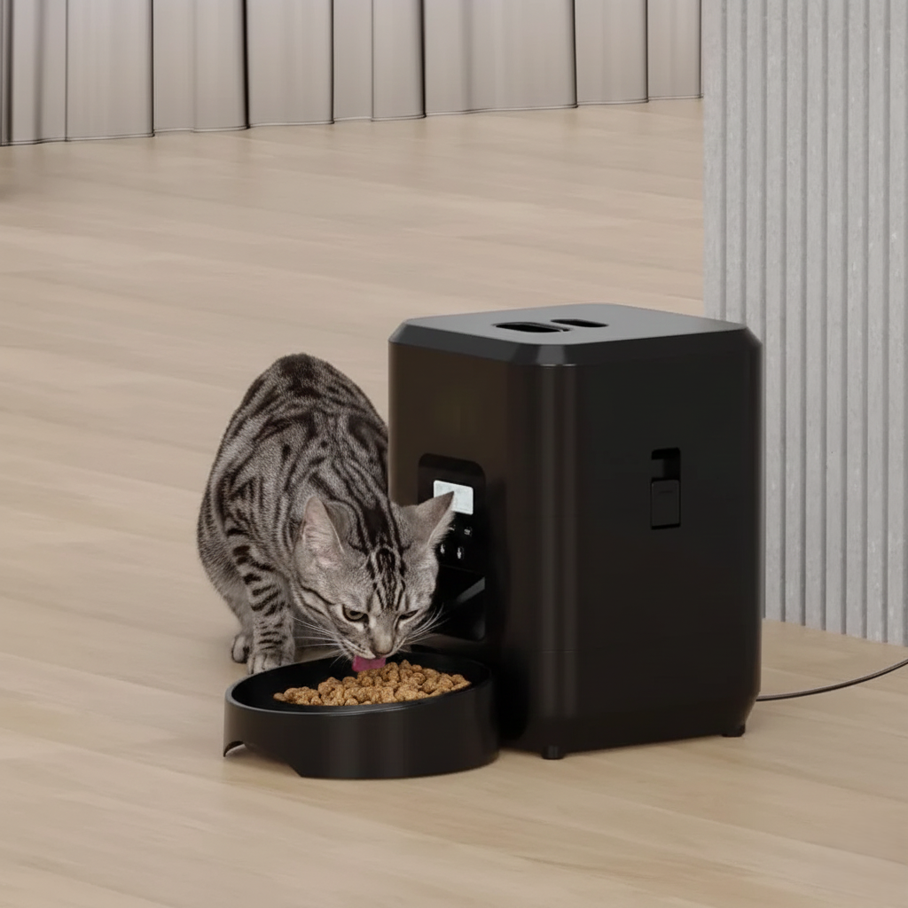 cat eating from automatic pet feeder