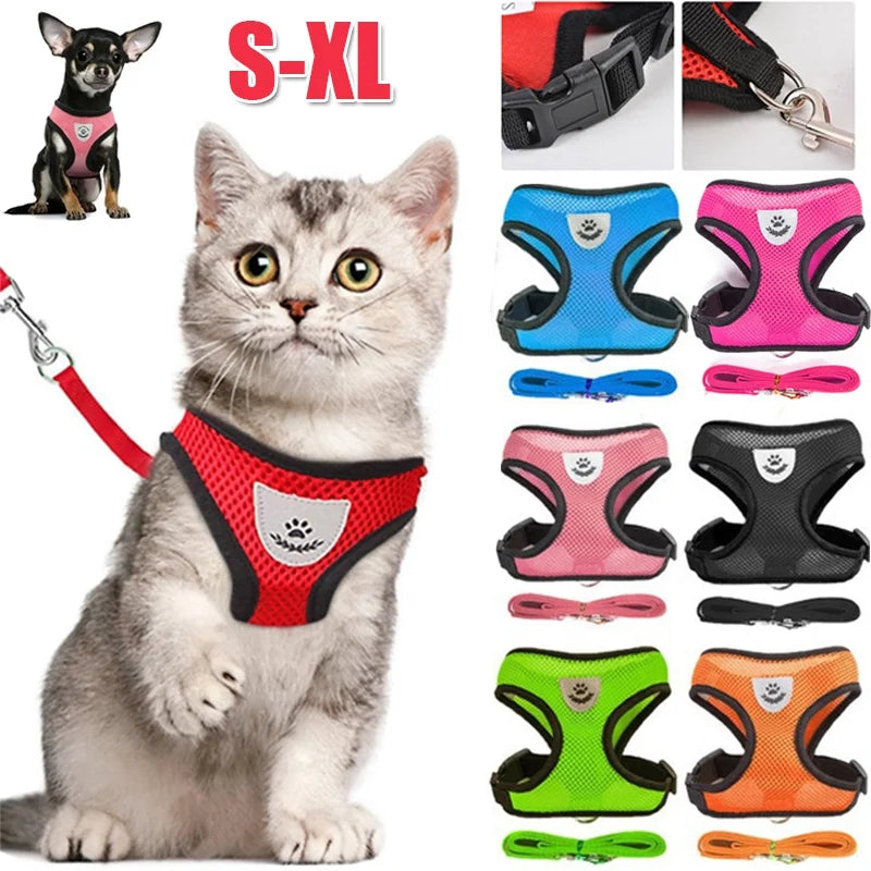 Adjustable Cat & Dog Harness with Lead – Breathable Mesh Vest with Reflective Stripes for Small to Medium Pets