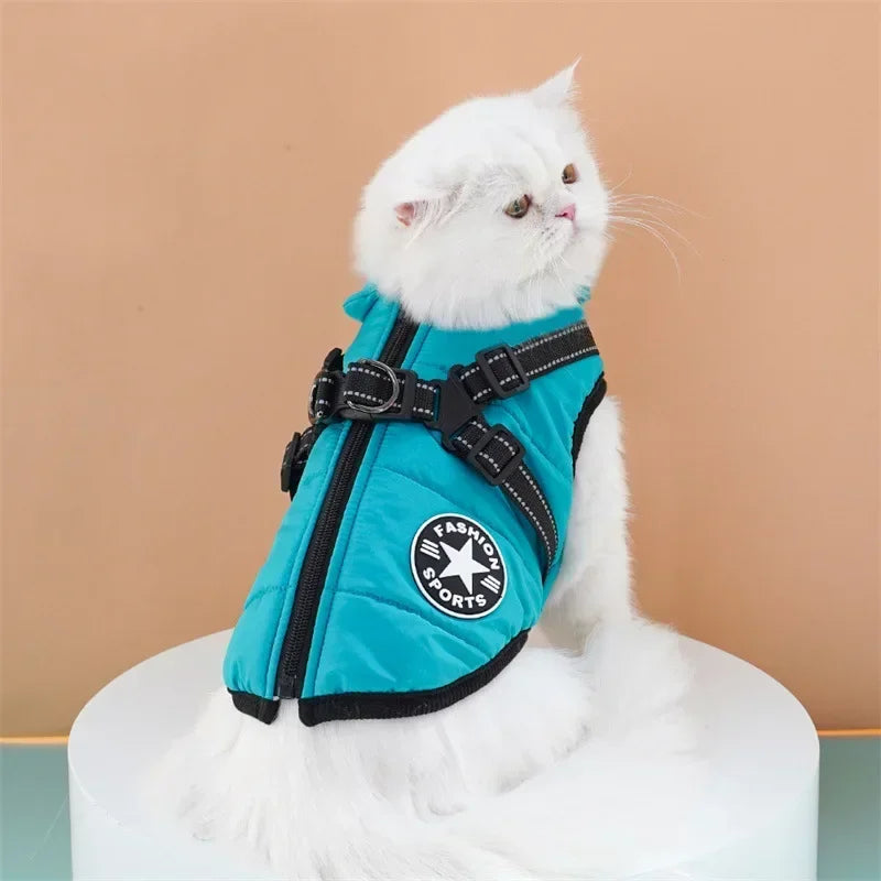 Pet Dog Coat with Built-In Harness – Waterproof Winter Jacket with Zipper & Reflective Straps for Small, Medium & Large Dogs and Cats